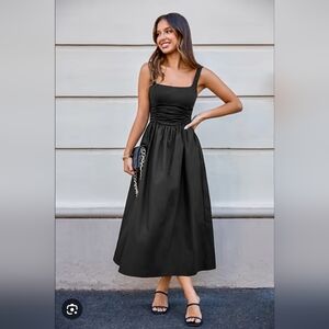 Cupshe Black Square Neck Sleeveless Shirred Waist Midi Dress
